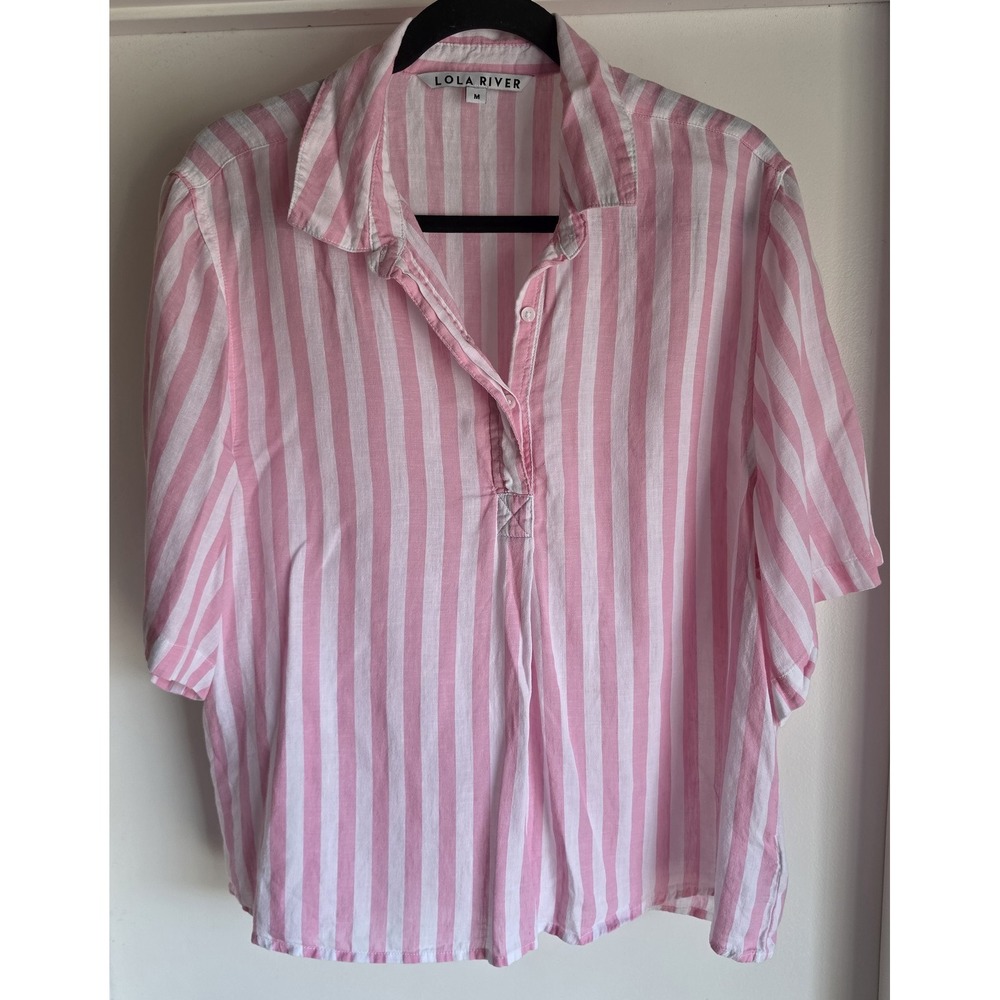 Lola River Striped Blouse M Pink White Collared Short Sleeve Shirt Top Coastal